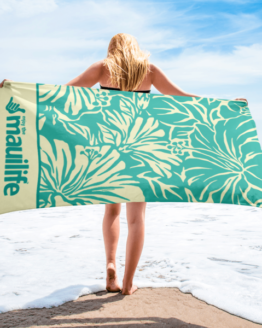 mint green and yellow hibiscus print beach towel